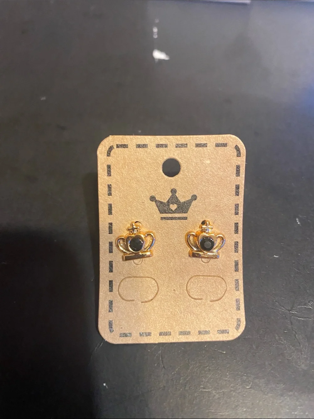 Kids Gold-tone Crown Stud Earrings with Pink Gem Accent